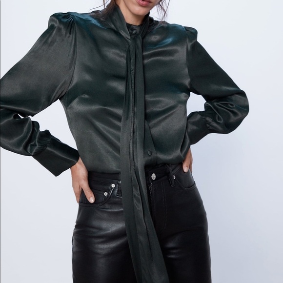 ZARA BNWT Green Satin Long Sleeve Button Up Blouse with Tie - Picture 1 of 6